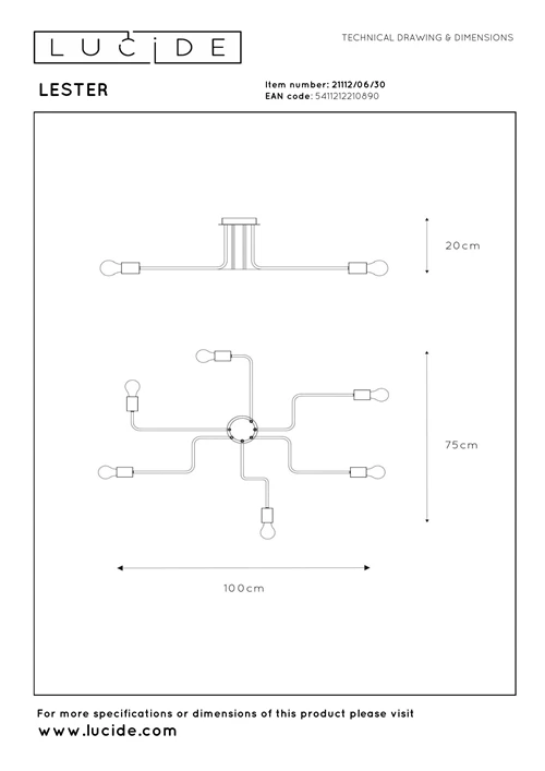 Lucide LESTER - Deckenleuchte - 6xE27 - Schwarz - technisch